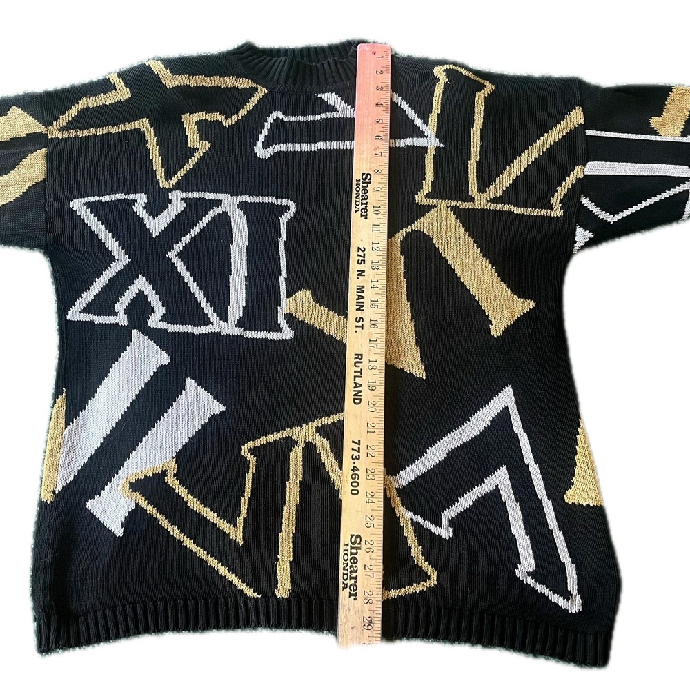 Chaus Sport Vintage 80s Roman Numeral Knit Sweater Black Gold White Oversized XL - Picture 2 of 7